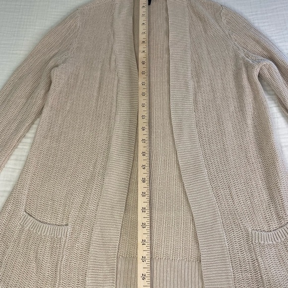 Talbots Linen Open Cardigan Long Sleeve Sweater Pockets Tan Cream Office Medium - Picture 4 of 15